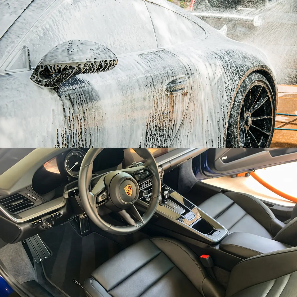 Complete detail: freshly cleaned vehicle interior beside a foamed exterior hand wash